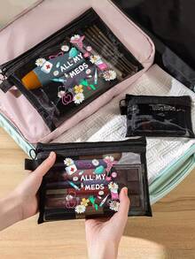 "All My Meds" Printed Mesh Makeup Bag, Red Padded Portable Pill Pouch, Cosmetic Bag, Skincare Bag, Travel Essential, Dorm Supplies, Wedding Bride Gift, Mother's Day Gift, Birthday Gift, Transparent Pill And Medical Supplies Storage Bag, Fashion Travel Pill Bag, Health Essential - Multicolor - View 10