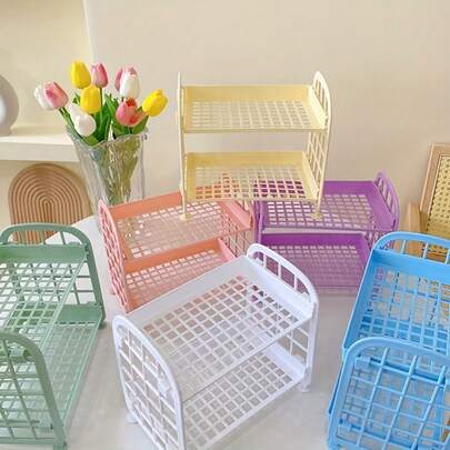 1pc Minimalist Solid Color Double-Layer Storage Basket, Foldable Assembly Organizer Rack, Simple Desktop Stationery & Item Storage Basket