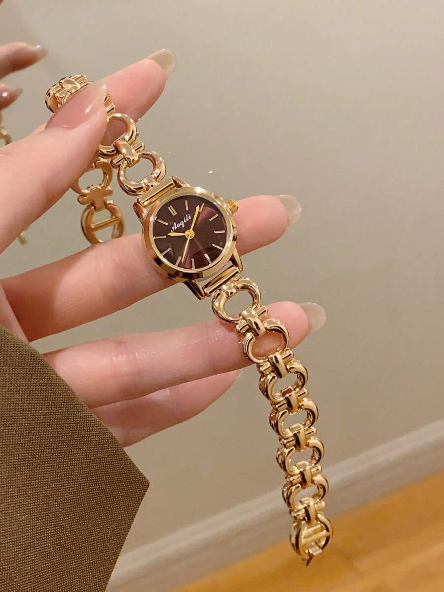 1件金色圓形女款石英手錶,精緻時尚極簡風,適合日常佩戴,生日/畢業禮物,休閒聚會 - 金色 - 查看 1