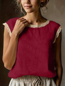 Vintage Linen Short Sleeve Top For Women, Lace Patchwork Round Neck Loose Breathable Linen Blend T-Shirt, Summer - Burgundy - View 3