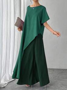 2pcs Women's Set, Purple Round Neck Raglan Sleeve Irregular Top + Contrast Blue Elastic Waist Skirt, Elegant Luxury Arabic Style Outfit, Suitable For Birthday, Formal Evening, Party, Date, New Year And Other Occasions - Green - View 4