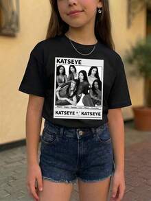 Girl's Clothing, KATSEYE English Street Pattern Printed T-Shirt - Casual Round Neck, Short Sleeved, Washable - Spring/Summer/Autumn, Fashionable, Streetwear - 黑色 - 查看 2