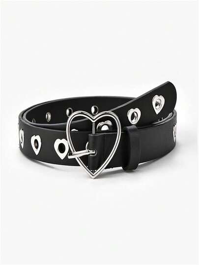 1pc Creative Heart-Shaped Decor Hollow Holes Women's PU Leather Belt, Fashionable Heart-Shaped Buckle Versatile Waist Belt