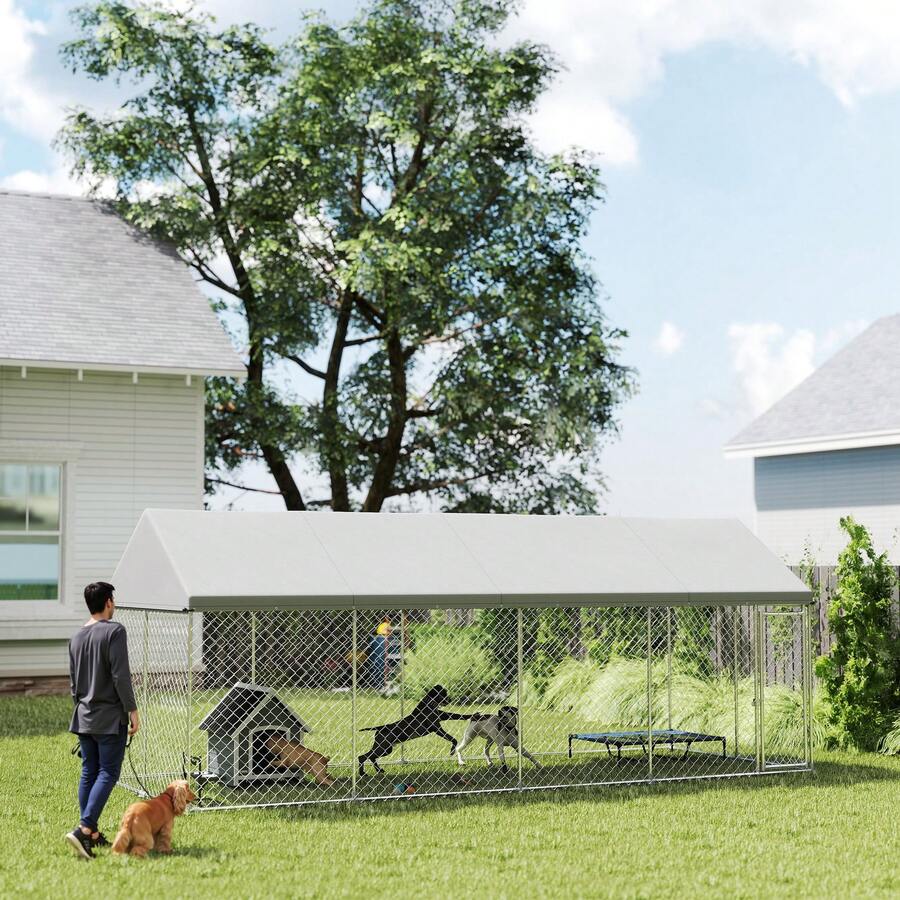 PawHut Extra Large Dog Kennel With Roof And Safety Lockable Latch, Heavy-Duty Galvanized Steel Dog Run Chain Link W/ Waterproof UV-Resistant Cover, 19.7' X 7.5' X 7.9' - Silver - View 1