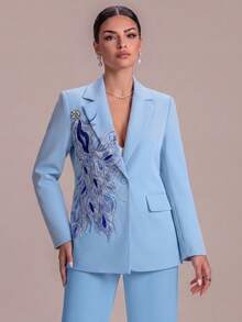 ASANDY Elegant Embroidered Blazer Jacket For Women, Sequin & Rhinestone Decor Slim Fit Light Blue Suit, Wrinkle-Resistant, Versatile For Work & Party, Luxury Casual Top, Available In All Sizes - Blue - View 10
