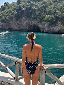 Summer Women's Sexy Black Slim Fit Halter Neck One-Piece Swimsuit, Beach Vacation Party Fashion Elegant Swimwear Set, Suitable For Daily Casual Wear - Black and White - View 4
