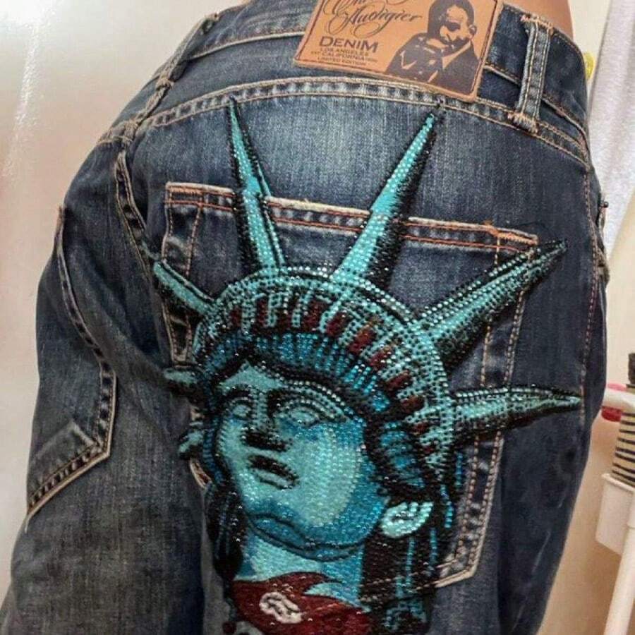2026 Vintage Statue Of Liberty Diamonds Jeans Casual Denim Pants High Waist Straight Wide Leg Jeans Harajuku Y2k 2000s Women Clothing Summer Outfits For Women Summer Clothes Vacation Outfits Women Spring Outfits For Women Leggings Business Casual Woman - 2 - Xem 1