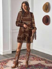 Women's Autumn/Winter Western Style Fashion Versatile Loose Round Neck Frill Collar Retro Wine Red Chiffon Digital Print Patchwork Long Sleeve Elastic Cuff Bowknot Waist Pleated Babydoll Bohemian Mini Dress Fall Cloth For Women - 棕色 - 查看 6