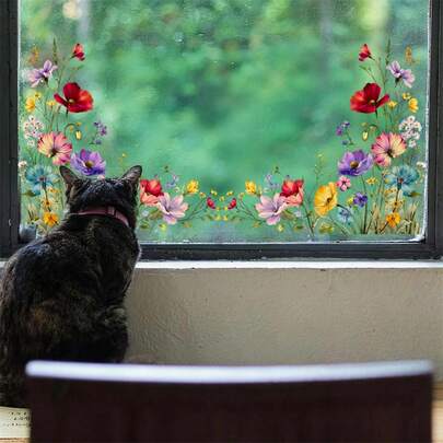 1pc Floral Garden Window Sticker, Spring Wildflower Window Decor, Suitable For Bedroom, Living Room, TV, Office, Home Decor, Removable Window Sticker
