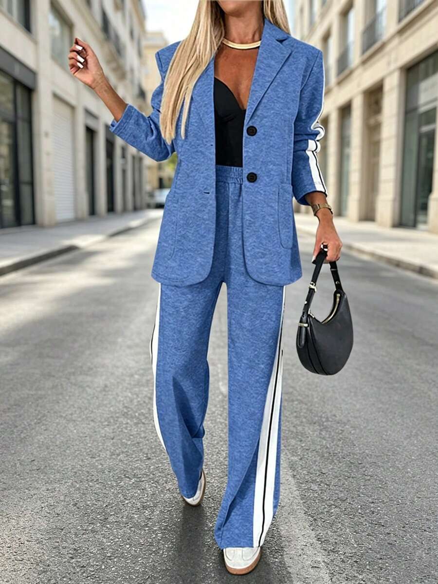 2pcs Women Comfortable Suit Set, Lapel Casual Striped Work Office Wide Leg Pants & Long Sleeve, Fashionable Elegant Spring Commuter Outfit, Casual Daily Set - Blue - View 1