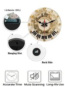 2D flache 1 Stück Holz Wanduhr - Luxus Gold Musikalische Wanduhr - Perfekte Dekoration für Schlafzimmer, Wohnzimmer, Büro, Küche und Badezimmer - 12/14 Zoll (Batterien nicht enthalten), 2D flach - Verschiedenfarbig - Übersicht 6