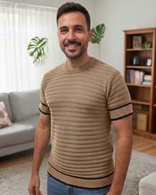 Basic Two-Tone Knit Shirt, Short Sleeve, Ribbed, Stylish Summer Knit T-Shirt, Men's Blouse - Beige - View 1