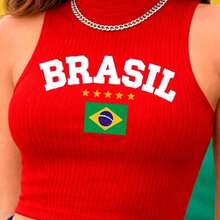 Cropped High Neck Ribbed Tank Top Sizes P To G3 With "BRAZIL" Written On It Summer Fashion Women's Blouse - Red Brazil Written BR - View 2