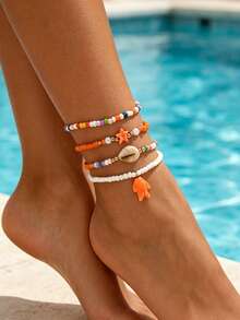 4pcs Bohemian Ocean Style Random Color Beaded, Acrylic Shell & Pearl Anklets, Suitable For Beach, Travel And Daily Outfit - Multicolor - View 2