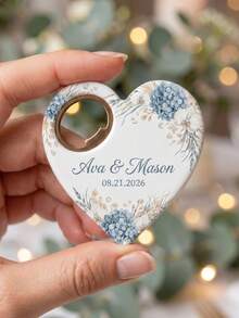 Custom Wedding Heart Fridge Magnet Bottle Opener, Personalized Couple Name Magnetic Keepsake, Wedding Favor Bottle Opener, Custom Date Commemorative Opener,Acrylic Heart Body, Metal Bottle Opener, Strong Magnet Back, 5 Floral Watercolor Prints, Customizable Text/Name/Date,Newlyweds - Heart-shaped 4 - View 11
