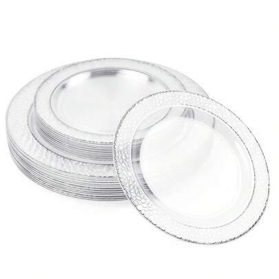 50/25/12/7pcs Silver Transparent Plastic Plates, Disposable Party Plates, Trays, Dessert Plates, Pasta Plates, Pizza Plates, Cake Plates, Salad Plates, Dishes, Easy To Clean And Reusable, Suitable For: Birthday, Wedding, Back To School, Team Building, Family Gathering, Outdoor Picnic, Holiday Party, Restaurant, Etc. (Multiple Size Combinations Available, Suitable For Any Number Of Diners)