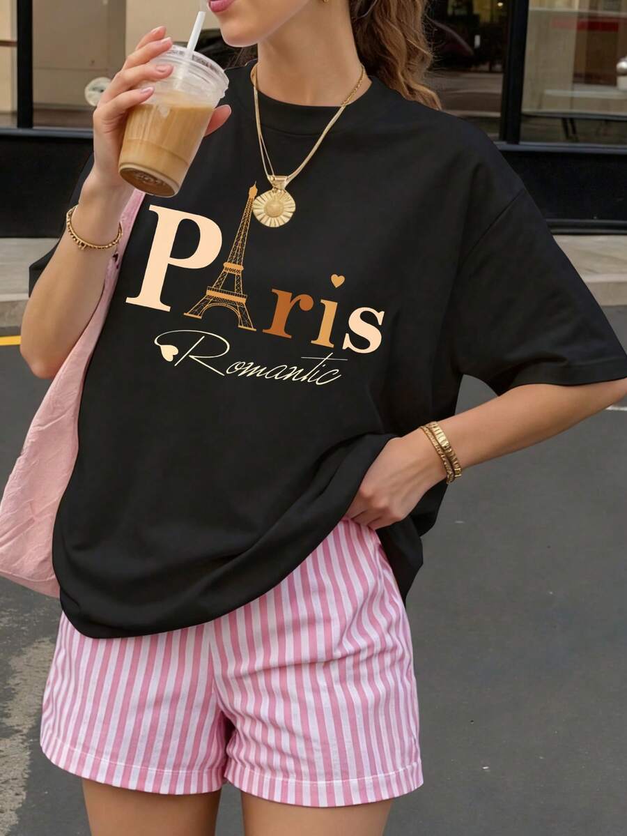 Camiseta negra con estampado de París Romantico para mujer estilo casual verano - Negro - Ver 1