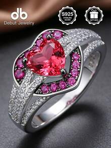 Nhẫn hình trái tim bằng bạc S925 đính đá sapphire hồng và cubic zirconia, nhẫn đính hôn/cưới lãng mạn, quà tặng trang sức kèm hộp quà. - Nhẫn hứa hẹn tình yêu - Xem 16