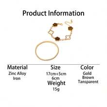 1 Set Luxury Rhinestone Hollow Clover & Pentagram Charm Bracelets, Elegant Women Bracelet Set For Stacking - Brown - View 6