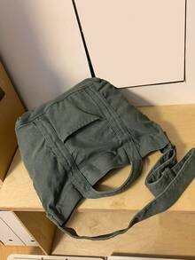 休闲水洗帆布手提包，大容量通勤包，简约复古多口袋男女通用手提包，可折叠多功能单肩包，耐用手提包，适合日常使用、上学、旅行、露营、徒步等场合。 - 軍綠色 - 查看 7
