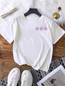 Áo thun nữ tay ngắn cổ tròn in họa tiết phong cảnh, phù hợp cho người có vóc dáng mũm mĩm mặc hàng ngày trong mùa hè. - trắng - Xem 5