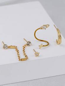 Set Anting Rantai CZ Bintang Emas Saturnus - 4 Buah Anting Tusuk Tulang Rawan & Anting Lingkaran Huggie dengan Rantai Gantung untuk Wanita, Perhiasan Tindik Telinga yang Dapat Ditumpuk - Yellow Gold - View 3