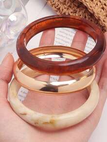 3 piezas de brazaletes acrílicos de textura de ámbar vintage de resina, diseño apilable de moda, adecuado para uso diario de mujeres (el color del brazalete puede variar ligeramente por lote) - Multicolor - Ver 6