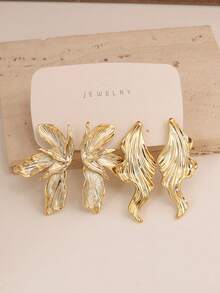 2-12pcs Stylish Asymmetric Floral, Leaf, Striped Earrings, Suitable For Party, Banquet, Travel, Wedding, Holiday, Daily Wear, Jewelry Gift - Gold - View 3