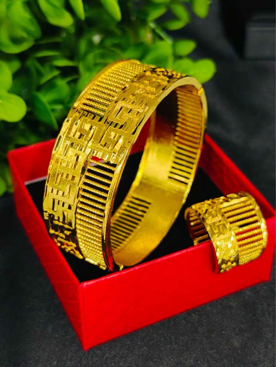 1条手链和1枚戒指，格子图案铜镀金手链戒指首饰套装，2件套，沙特阿拉伯和非洲新娘婚礼派对首饰，节日礼物，首饰盒包装 - 金黃色 - 查看 1