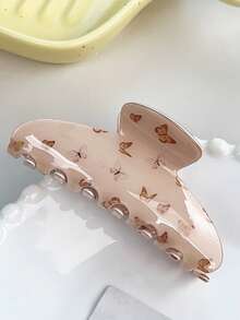 1Pc Retro Butterfly Print Large Hair Claw Clip, Beige Clear Acrylic Non-Slip Shark Jaw Clip, Strong Hold Elegant Vintage Hair Clamp, Sweet Aesthetic Hair Accessory For Women Thick Thin Hair Daily Casual Party - Multicolor - View 4
