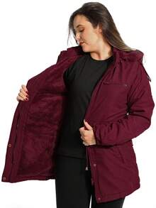 Anistia Women's Parka Jacket, Twill, Fur Lining And Hood - 酒紅色 - 查看 3