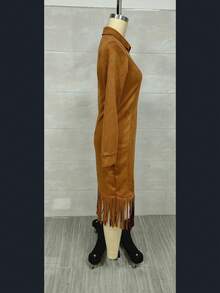 Long-Sleeved Fitted Suede Dress With Fringed Western Cowboy Style - Brown - View 3