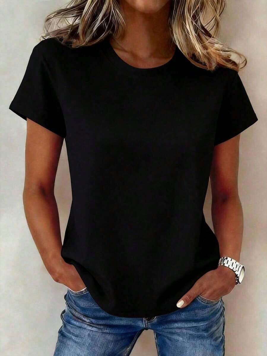 Camiseta Casual Estampada para Mujer, Manga Corta y Cuello Redondo, Moda Urbana Local Primavera/Verano. Blusas para mujer, playeras de mujer. 180g (S-XXXL) - Negro - Ver 1