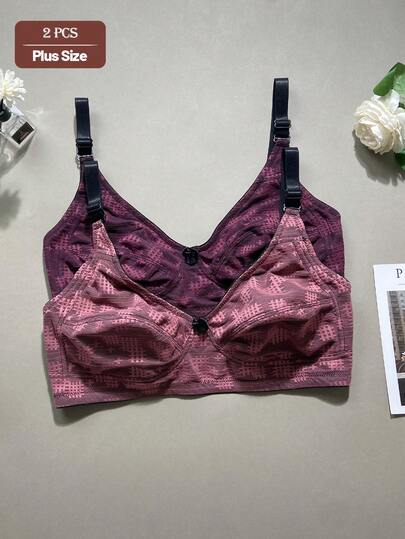 2pcs/Set Sexy High-End Lace Trim Wireless Push-Up Bra, Supportive & Comfortable Adjustable Plus Size Women Lingerie