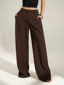 ZZL  Tall Old Money Sexy Business Casual High Waist Pleated Wide Leg Pants – Elegant Solid Color Loose Trousers, Professional Office Wear, Chic Tailored Work Pants For Women Black Dress Pants Loose Pants - màu nâu - Xem 12