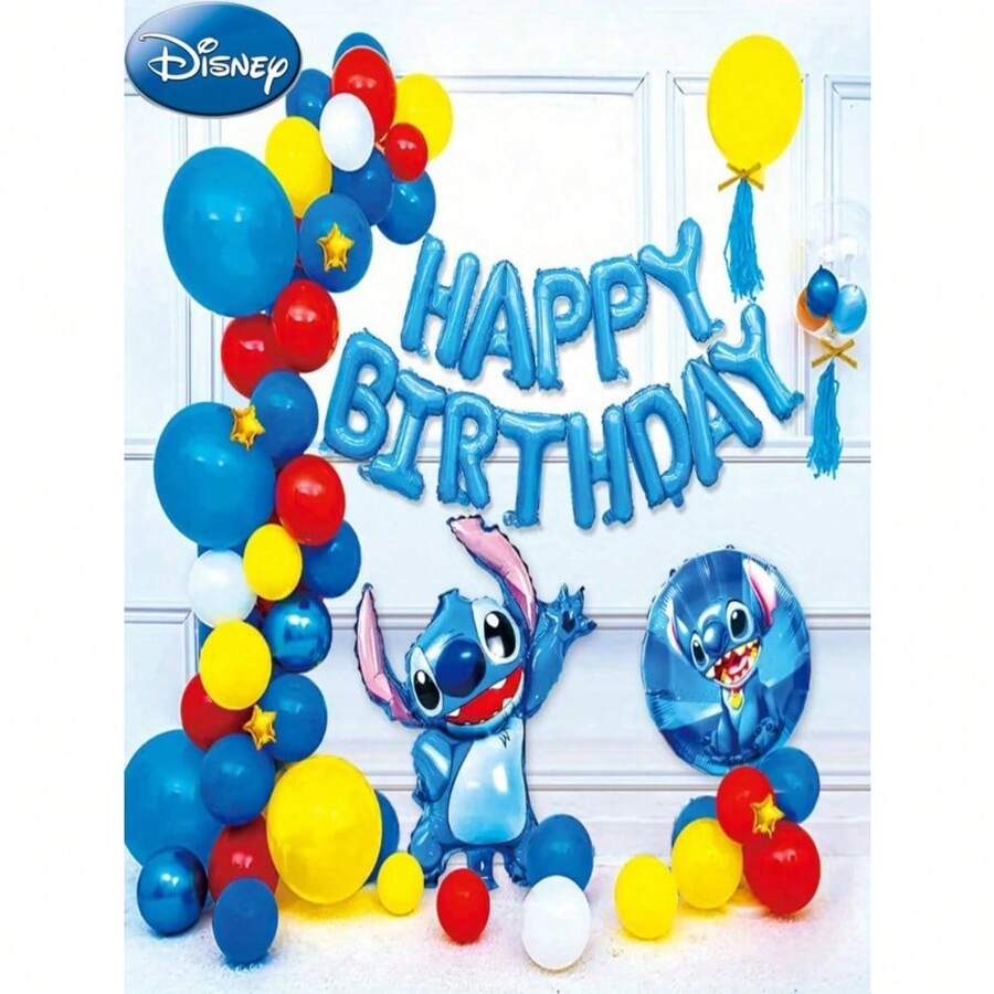 54PCS Disney Officially Licensed Cute Stitch Birthday Balloon Decoration Set Birthday Party Decoration Essentials Cartoon Theme Anniversary Graduation Wedding Dress Up Products Indoor Atmosphere Bake Photo Background Decoration Holiday Gift - A - View 1