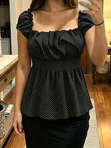 Women's Y2k Polka Dot Top Square Neck Ruffle Cap Sleeve Slim Fit Babydoll Top Cute Ruched Bust Peplum Blouse Vintage Cottagecore Casual Summer Top - 黑色 - 查看 2