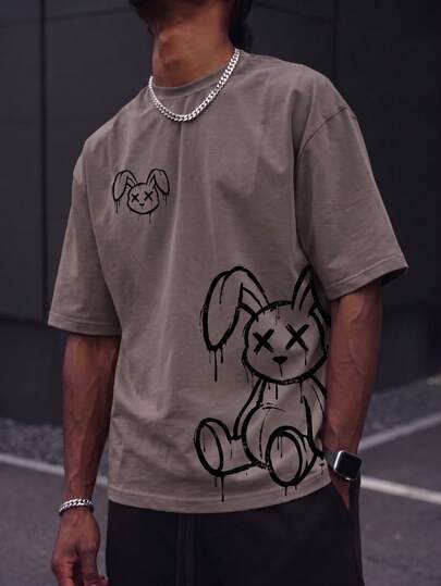  Camiseta holgada de estilo gótico "Conejo goteando" de Fractyr, de tacto suave en color marrón lavado con estilo grunge, manga corta, top casual de verano con estética oscura