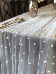 1 Stück zarter romantischer Perlen-Dekor Chiffon Tischläufer, weiß, geeignet für Hochzeit, Paar-Date, Feiertagsparty Dekoration - Imitationsperlennetz - Übersicht 10
