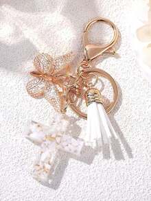 Resin Cross Keychain For Women Girls - 6 Styles With Butterfly Charm & Tassel, Embedded Pebbles, Glitter Heart & Purple Sequins (Mint Green/White/Pink/Purple) Fashion Jewelry Gift, Easter Baptism Party Favors Car Accessories Bag Charm School Cute Goth Y2k - 彩色 - 查看 11