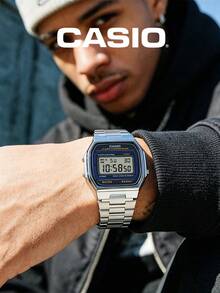 Casio Vintage Digital Watch Silver Metal Bracelet Blue Accent LCD Alarm Chronograph Battery 12/24H Water Resistant Unisex Iconic Retro Everyday Watch Y2K Style Office Campus Festival Gift for Teen Couple Best Friend - A164WA-1 - 查看 4