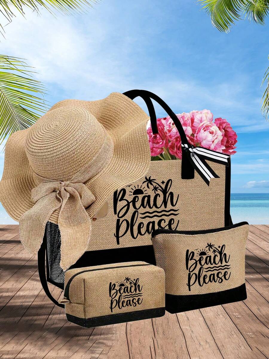 女士沙滩手提包套装，印有“Beach Please”字样和波浪图案，大容量手提包内含两个化妆包。可重复使用的轻便购物袋、迷你零钱包、多功能收纳袋，适合周末度假、工作、日常使用、春夏海滩假期、户外婚礼、生日、节日等场合，是送给女士、母亲、朋友、伴娘、学生和毕业季的绝佳礼物，也是夏季日常必备单品。