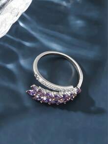 1 chiếc nhẫn hở hai hàng đá Zirconia, thích hợp để đeo hàng ngày. - Bạc + Zircon tím - Xem 2