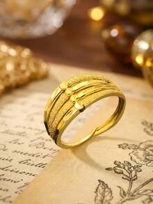 1 pieza Anillo de color oro mate de Dubai con textura, Anillo de color oro de rayas multicapa, Anillo con corte facetado pulido, Anillo abierto ajustable minimalista, Anillo liso de oro para uso diario casual, Anillo texturizado vintage para apilar para mujer y hombre - Dorado - Ver 1
