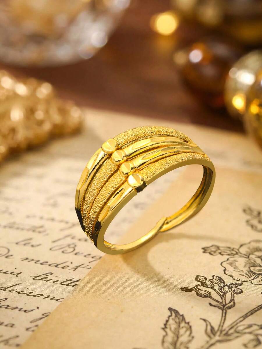 1 pieza Anillo de color oro mate de Dubai con textura, Anillo de color oro de rayas multicapa, Anillo con corte facetado pulido, Anillo abierto ajustable minimalista, Anillo liso de oro para uso diario casual, Anillo texturizado vintage para apilar para mujer y hombre - Dorado - Ver 1