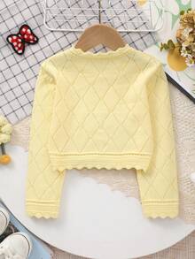 Áo khoác cardigan dệt kim mùa xuân thanh lịch dành cho bé gái, thiết kế khoét rỗng, họa tiết hình thoi và viền ren, mềm mại và ngọt ngào, phù hợp cho mặc hàng ngày hoặc đi chơi. - Màu vàng - Xem 6