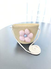 Handmade Woven Girl Flower Straw Bag Coin Purse Zipper Messenger Bags Photo Props Storage Basket Crossbody Handbag - A - View 4