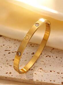 1/5件組 不鏽鋼18K金心形水鑽手鐲，銅鑲嵌立方鋯石開口式手環，女性日常珠寶節日禮物 - 金色 - 查看 6