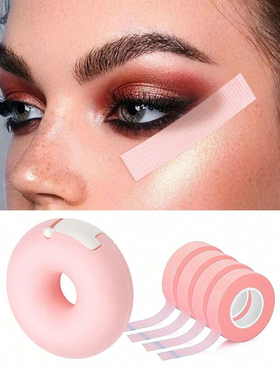 Bộ 5 cuộn sticker trang điểm mắt, bao gồm sticker phấn mắt hình bánh donut, bút kẻ mắt thoáng khí, sticker giấy nối mi, băng dính trang điểm mặt vô hình, băng dính tập trang điểm tức thì, băng dính nâng cơ mặt, băng dính phấn mắt, băng dính bút kẻ mắt (1.25cm*4.5m), dụng cụ trang điểm, dụng cụ nối mi, dụng cụ nâng cơ mặt.