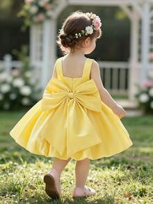 Đầm satin cho bé gái cổ vuông, nơ sau lưng, kiểu dáng dễ thương, phồng nhẹ, thích hợp cho tiệc sinh nhật 1 tuổi, không bao gồm băng đô cài tóc. - Màu vàng - Xem 7